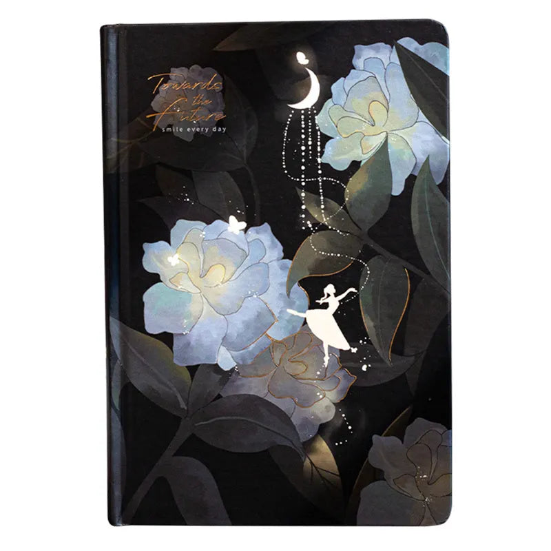 A5 notebook with luminous cover open to show internal colour illustrations, in Deep Blue, Gold, Light Blue, and Purple options