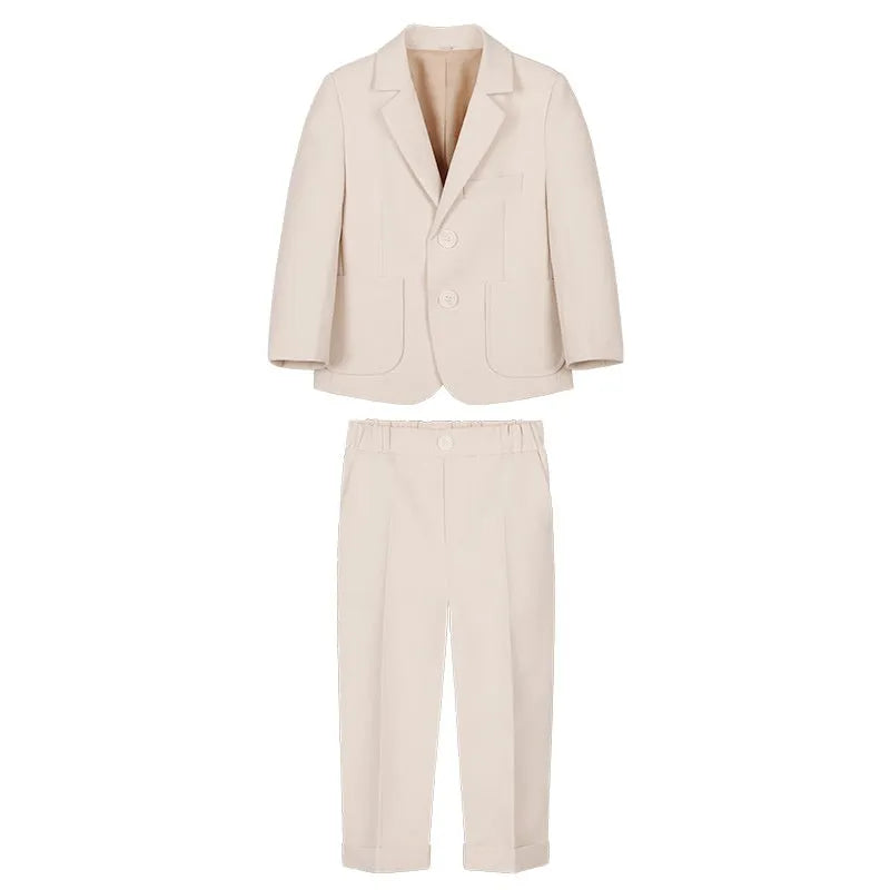 Boys' British style suit set with shirt, trousers, bow tie, vest and brooch in beige, blue or grey