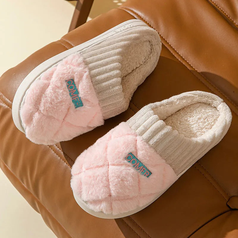 Solid rhombic letter plush home slippers with anti-slip EVA sole, five colours, sizes 36-45