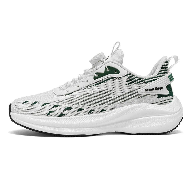 Men's low-top running shoes with rotating buckle and Fly-kit mesh in black, gray, or white-green colours
