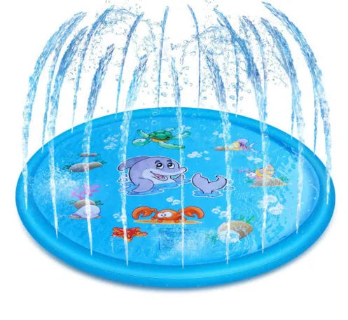 Blue PVC water spray play mat with marine animal graphics measuring 100cm by 170cm for children's outdoor water games