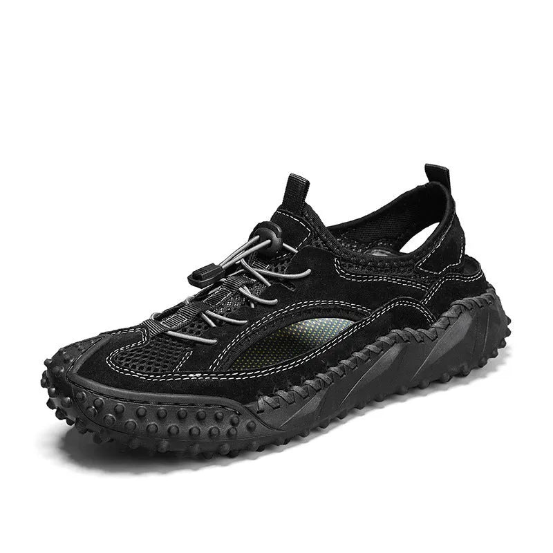 Men's black waterproof sports sandals with leather mesh upper and elastic band closure