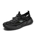 Men's black waterproof sports sandals with leather mesh upper and elastic band closure