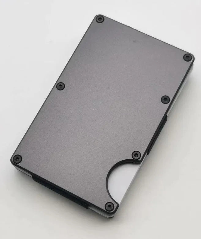 Aluminium alloy grey carbon fibre RFID blocking wallet with stowable anti-theft brush.