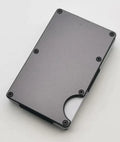 Aluminium alloy grey carbon fibre RFID blocking wallet with stowable anti-theft brush.