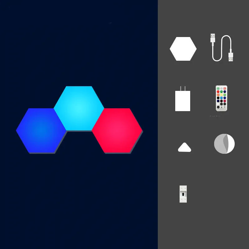 Hexagonal LED wall light with colour-changing quantum panels, remote control, and PVC construction