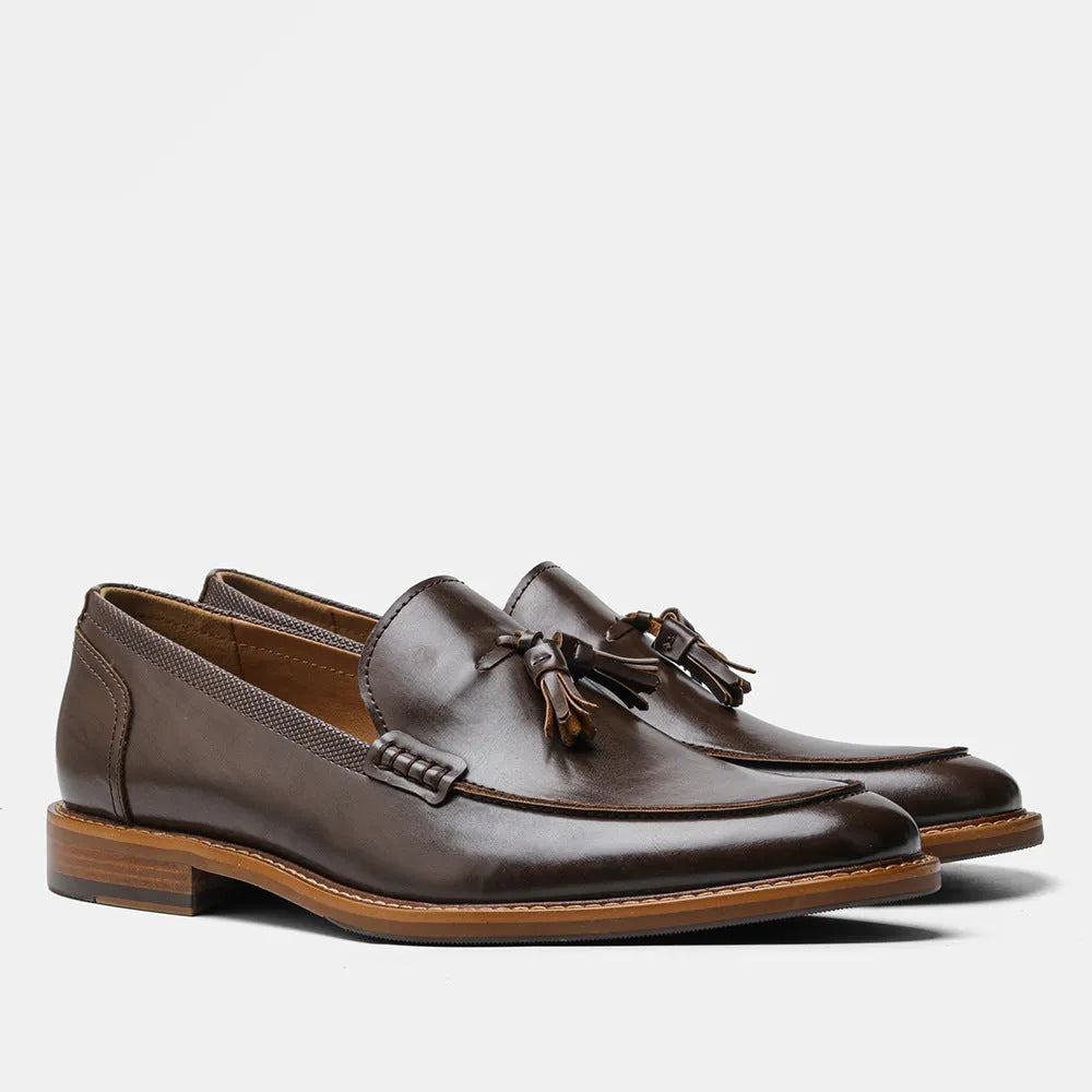 Wood grain tassel loafers, low-top slip-on formal shoes with leather toe cap, PU upper, men's footwear
