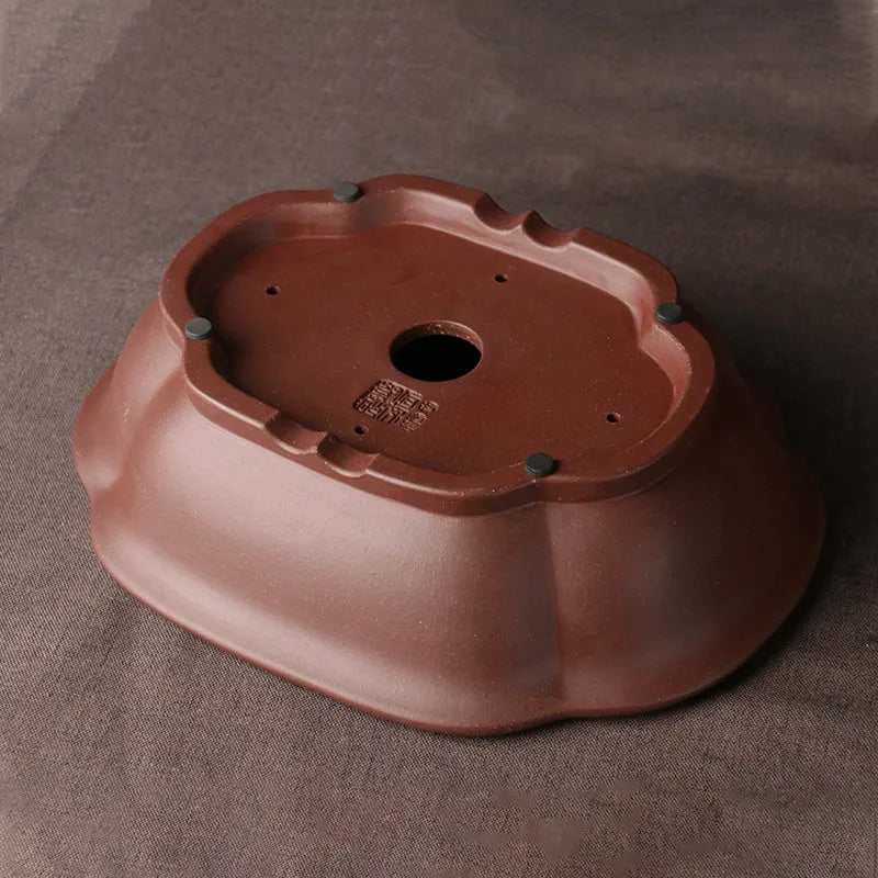 Handmade purple clay ceramic bonsai basin with classical Chinese styling showing dimensions