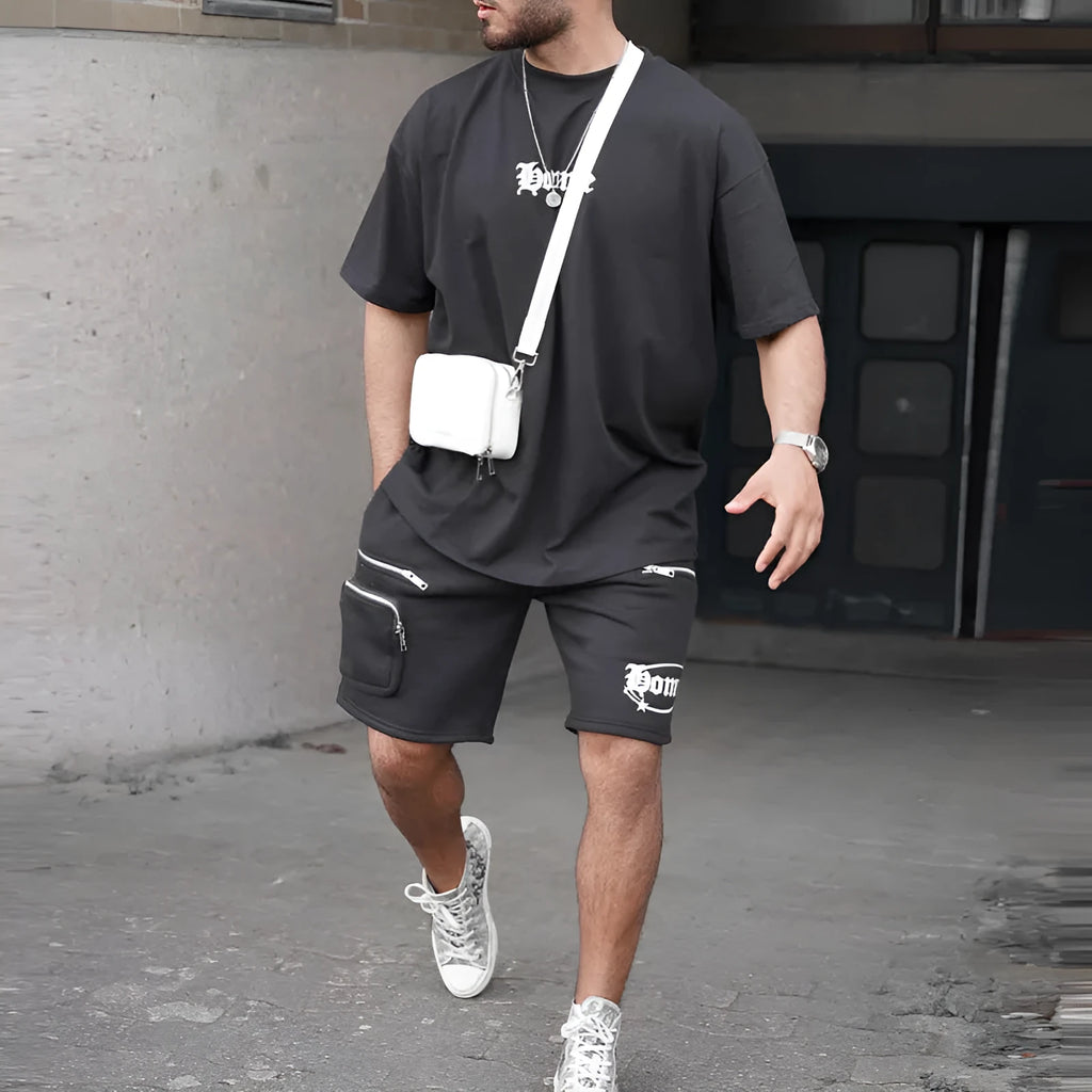 Men's grey short-sleeve T-shirt and shorts set, casual two-piece outfit in sizes M to XXXL