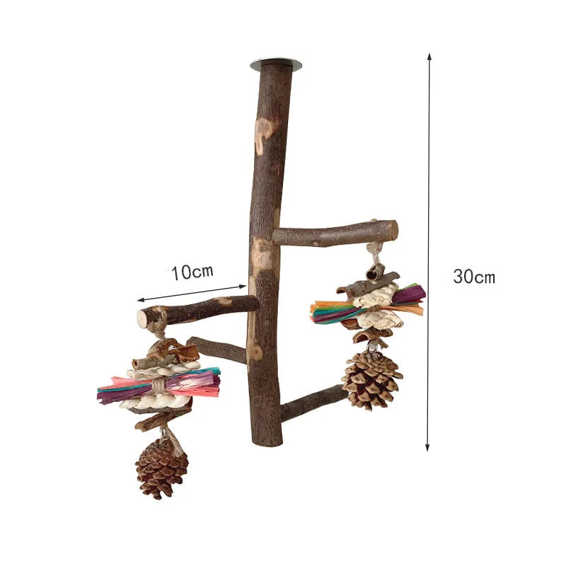 Apple wood parrot bird stand with pole, assembled perch toy in picture colour for small parrots