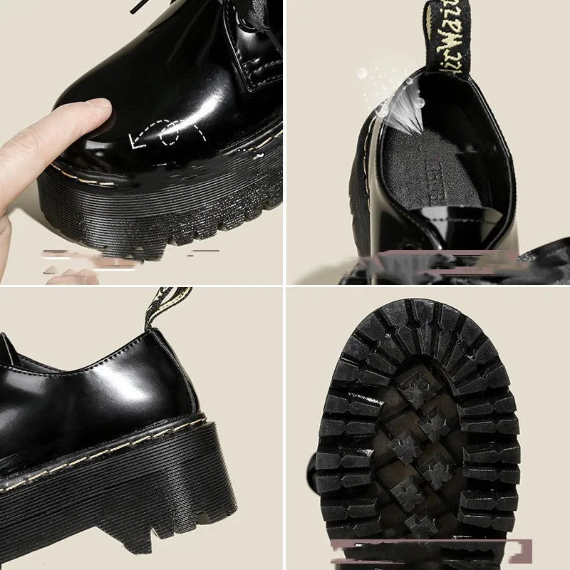 Women's black small leather shoes with thick TPR soles and cross strap design