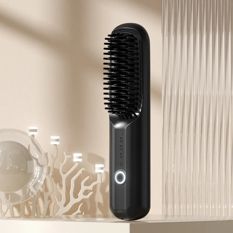 Anion wireless hair straightening comb in beige, black, pink, or purple colours with Type-C charging port.