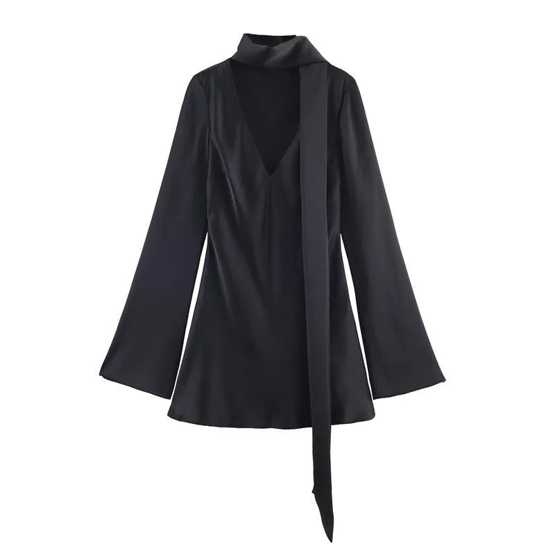 Women's hooded long sleeve pleated short scarf dress in brown or black, knitted mercerized cotton, sizes XS to L