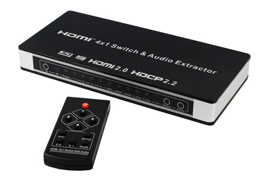 Black 4-input 1-output HDMI audio video switch with remote control on a table.
