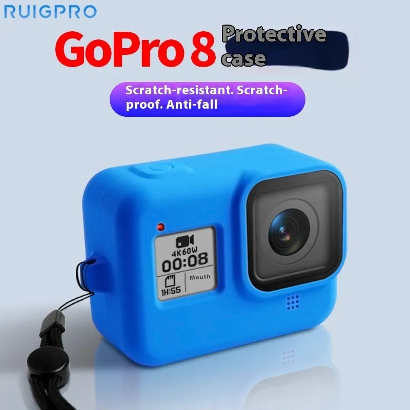GoPro Hero 8 Black camera with blue silicone protective sleeve and a blue neck lanyard attached.