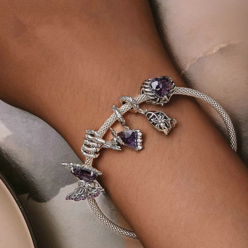 Purple skull heart 925 silver bead with inlay, 12x13mm, on a white background showing 4.5mm aperture