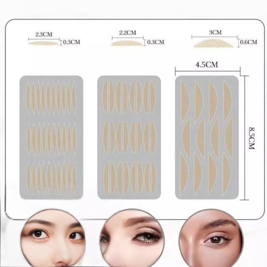 Box of no-glue eyelid stickers in non-woven fabric, showing L, M, and S size options.