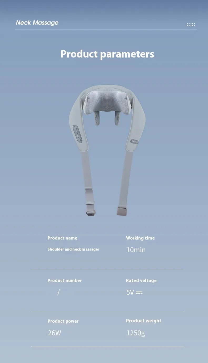 Grey elastic fabric USB rechargeable neck and back massage instrument with two gears.