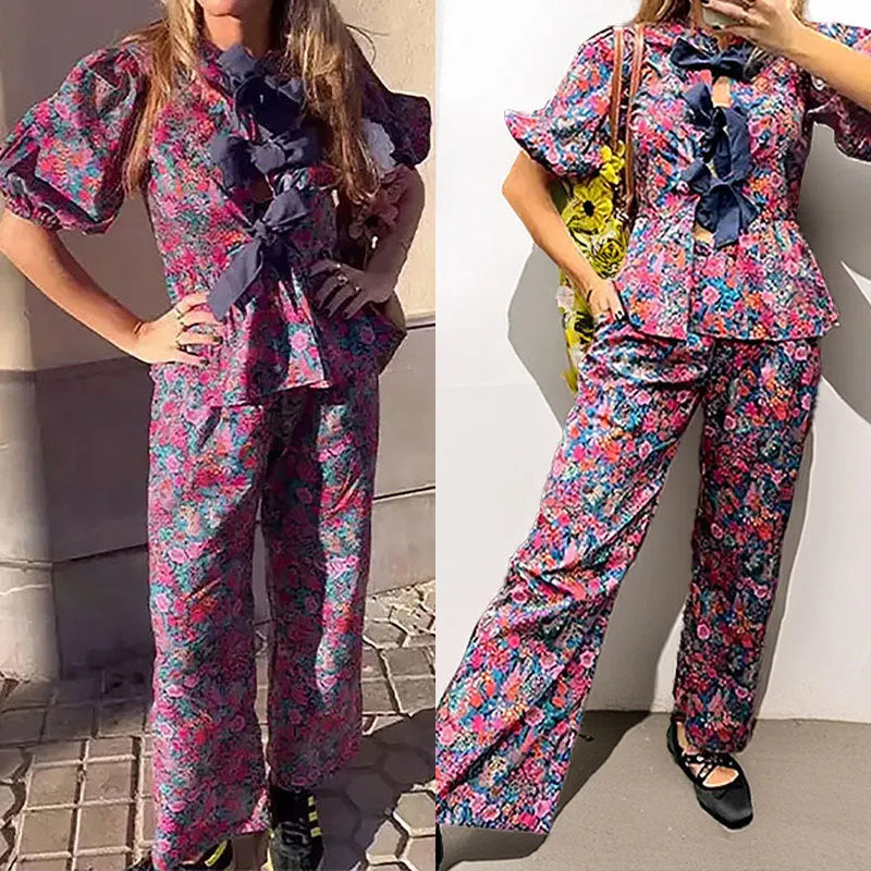 Women's floral print leisure suit set with tie-neck blouse and matching trousers