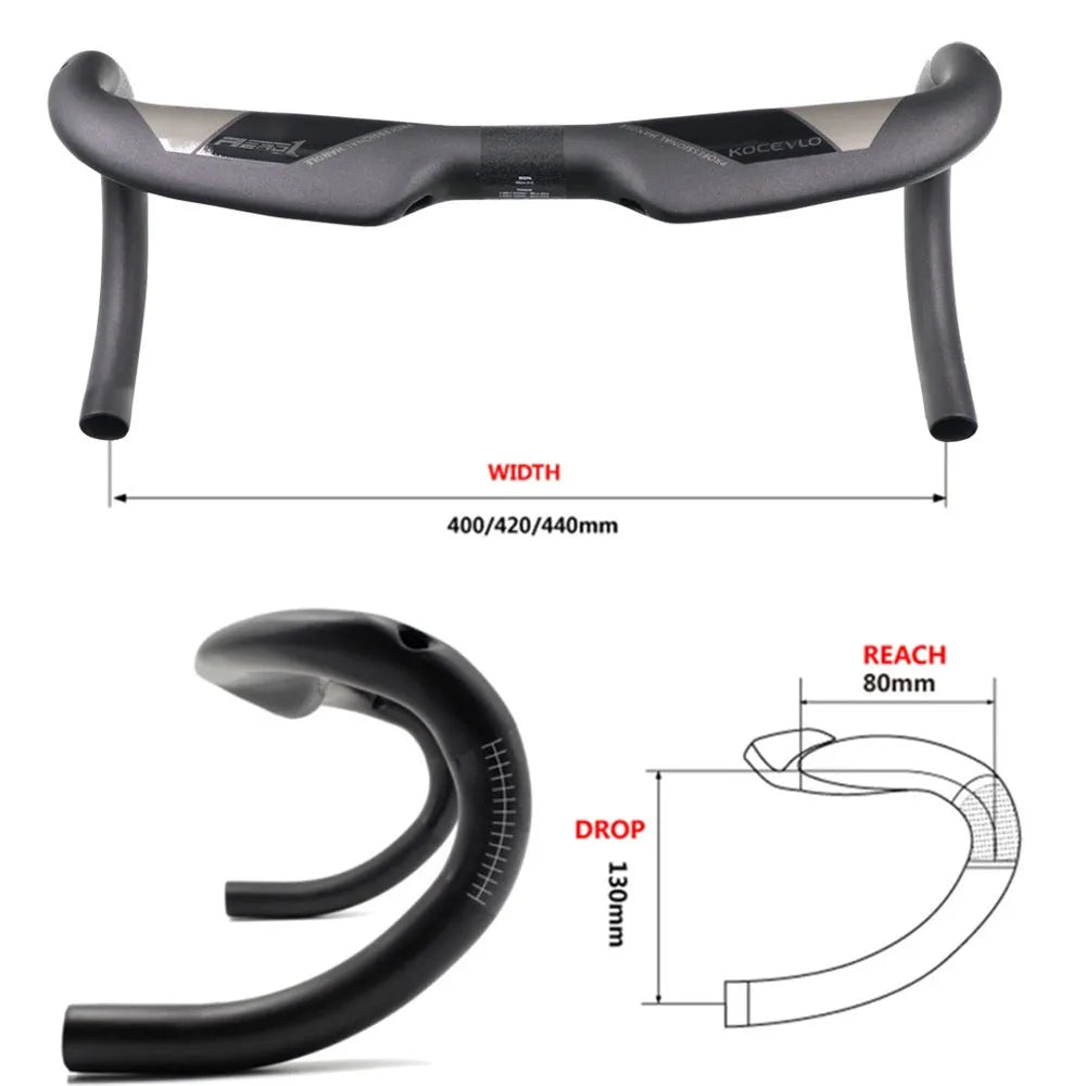 Matt carbon fibre road bicycle handlebar showing bent drop bar design