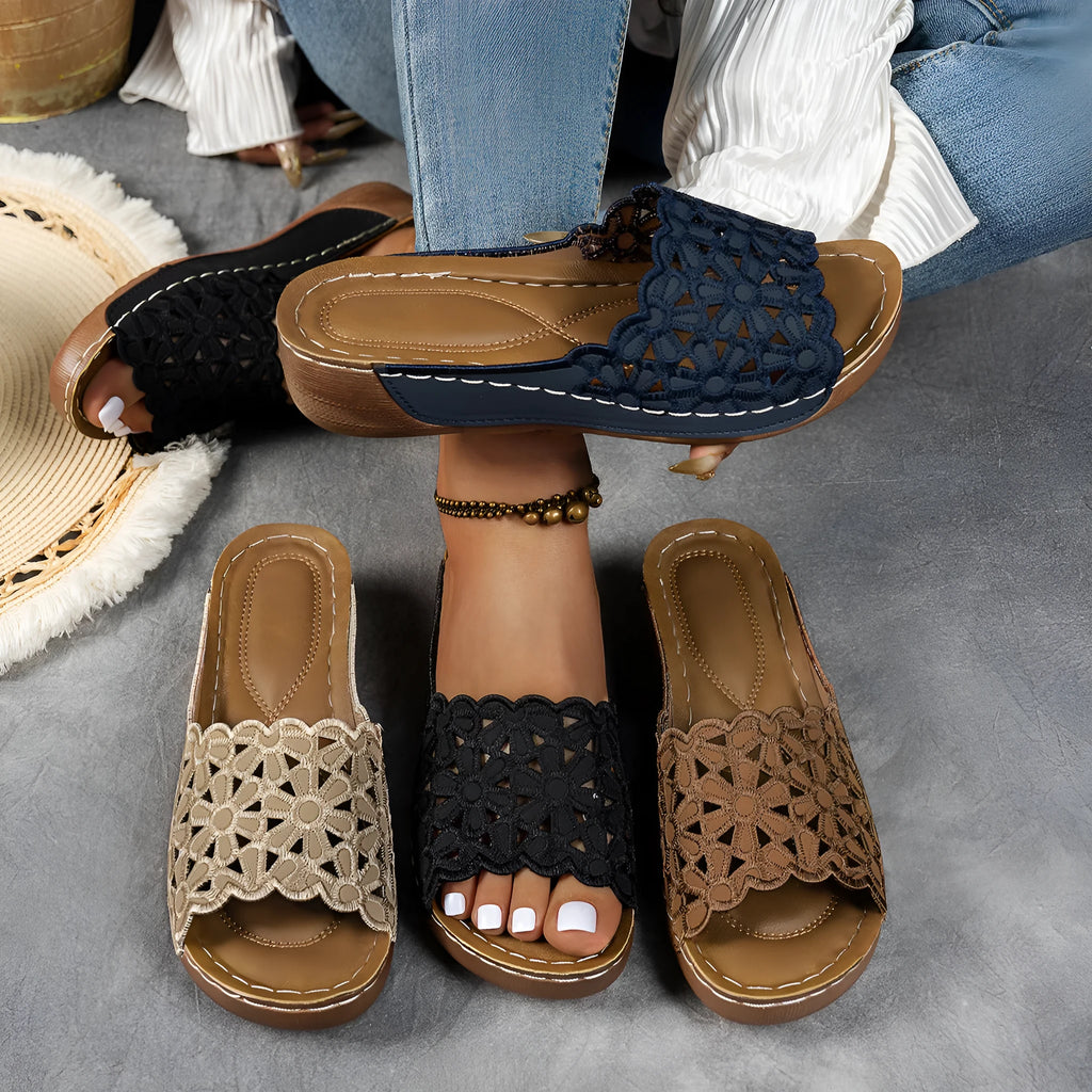 Women's wedge beach slippers with flower cutout design and fish mouth toe in multiple colours