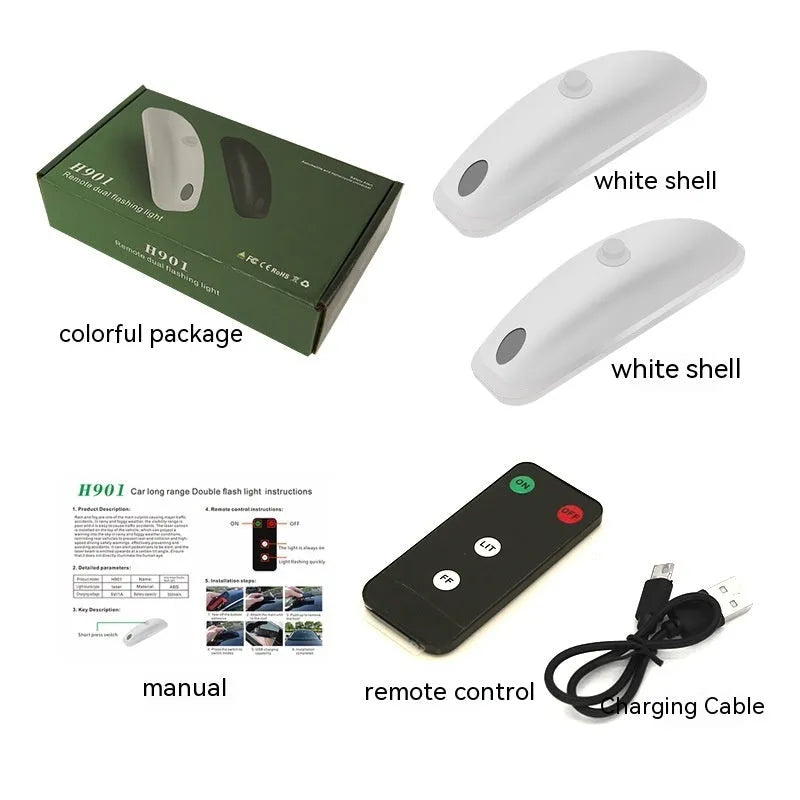Black car strobe light with remote control showing 14cm length and USB charging cable