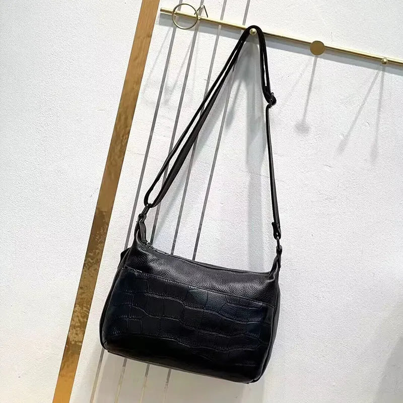 Large capacity genuine leather shoulder underarm crossbody bag with soft horizontal square shape and polyester lining