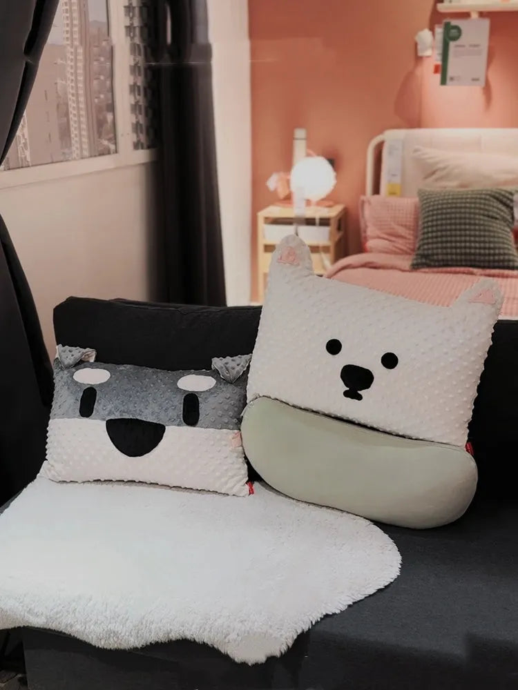Grey schnauzer and white West Highland terrier shaped soft decorative cushion pillow.