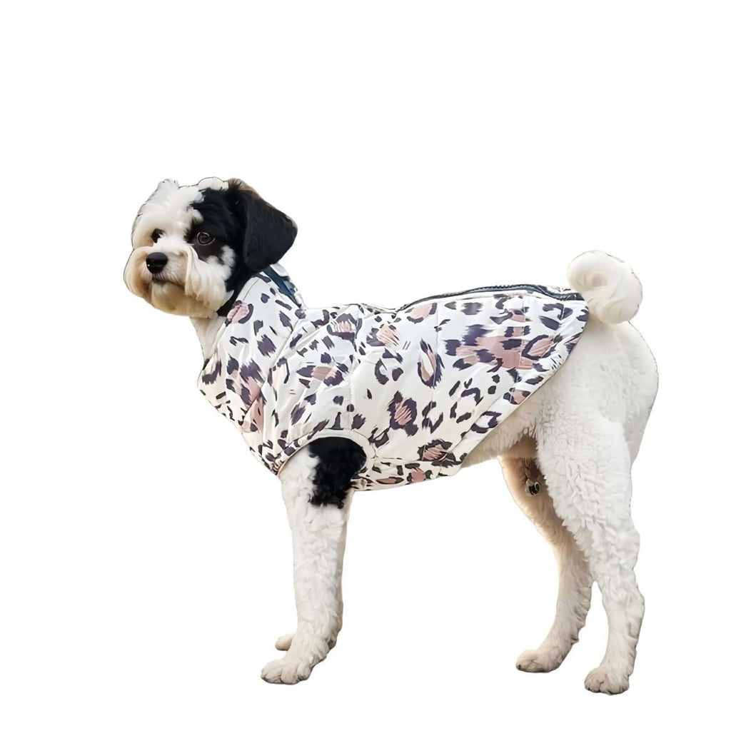 Pet fleece zipper waterproof cotton-padded coat in dark blue, leopard print or camouflage, sizes S to 5XL.