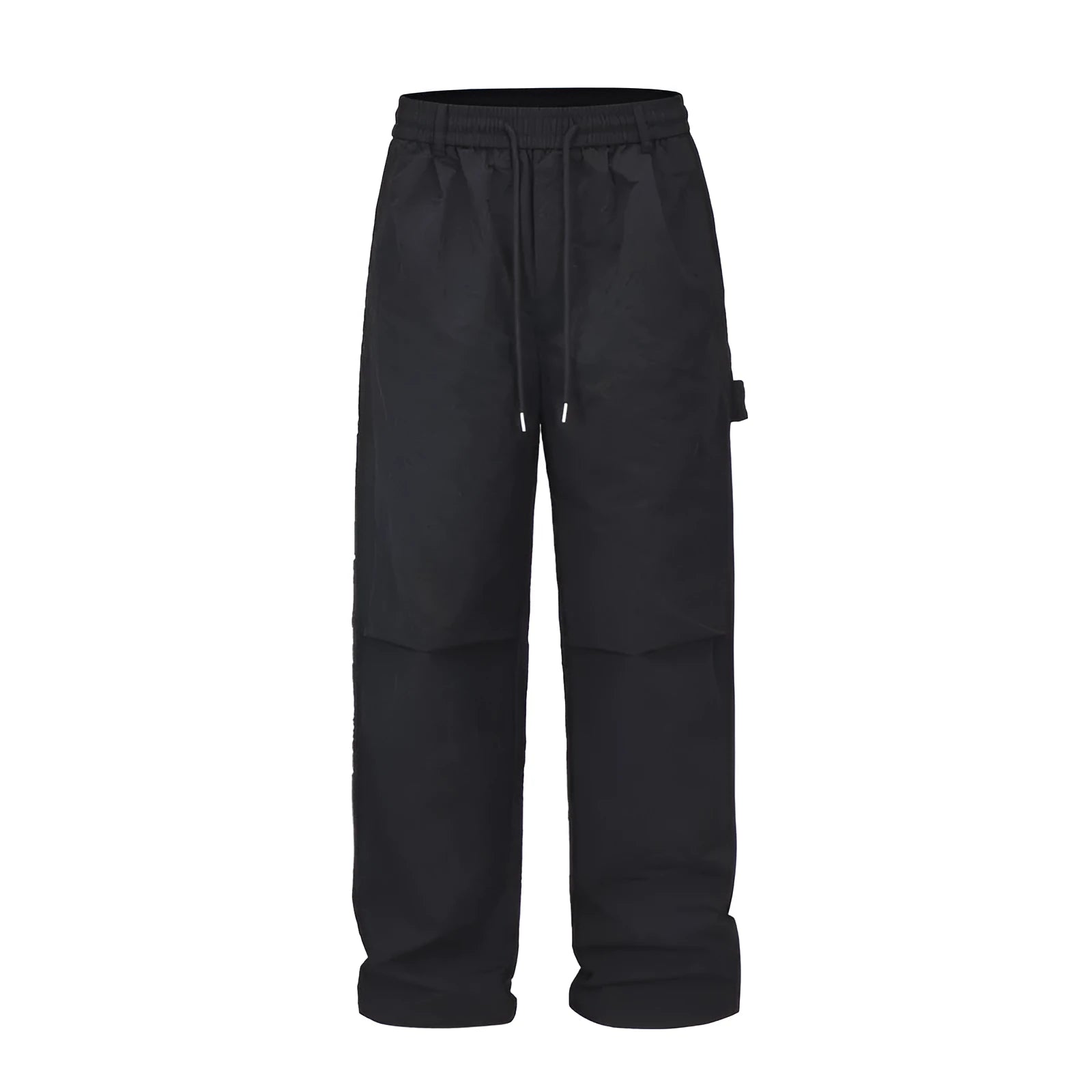 Black men's baggy paratrooper pants with an elastic drawstring waist on a neutral background.