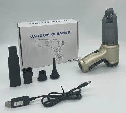 Handheld car pet vacuum cleaner in brushless gold or silver style with USB charging port and dust bucket.