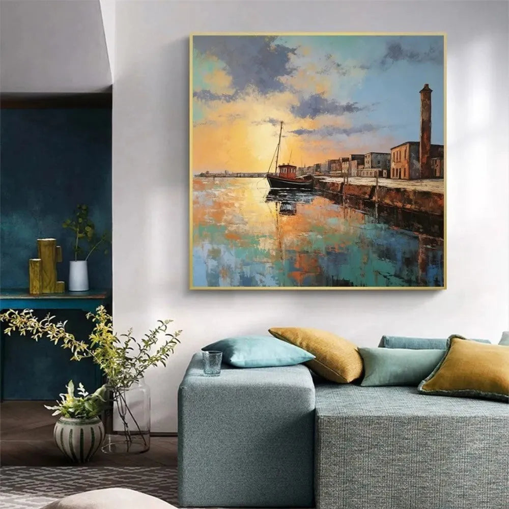 Hand painted landscape oil painting on canvas abstract pier scenery square wall art