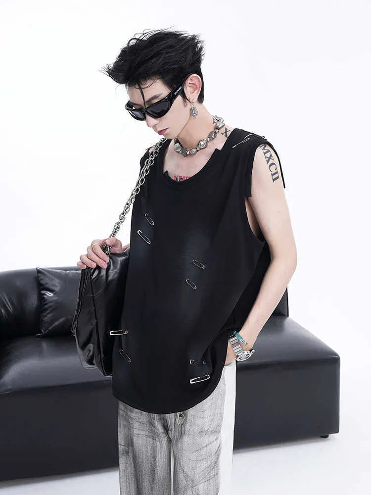 Men's black sleeveless vest waistcoat t-shirt with ripped irregular cutting design and round neck collar