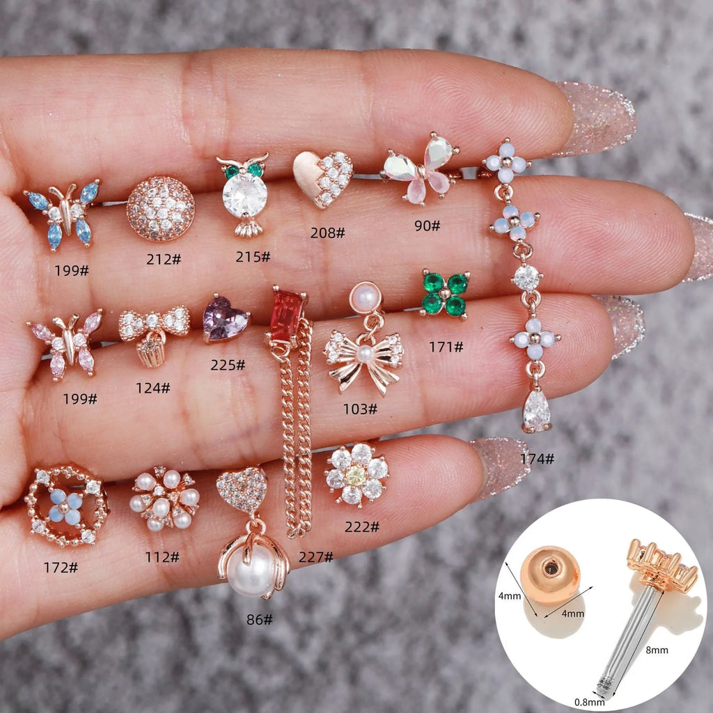Korean-style tassel flower screw ball ear cartilage piercing brass floral ear stud in colour options