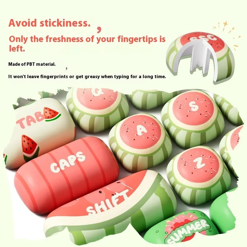 Watermelon theme five-sided sublimation PBT keycaps in small steamed bun mushroom profile