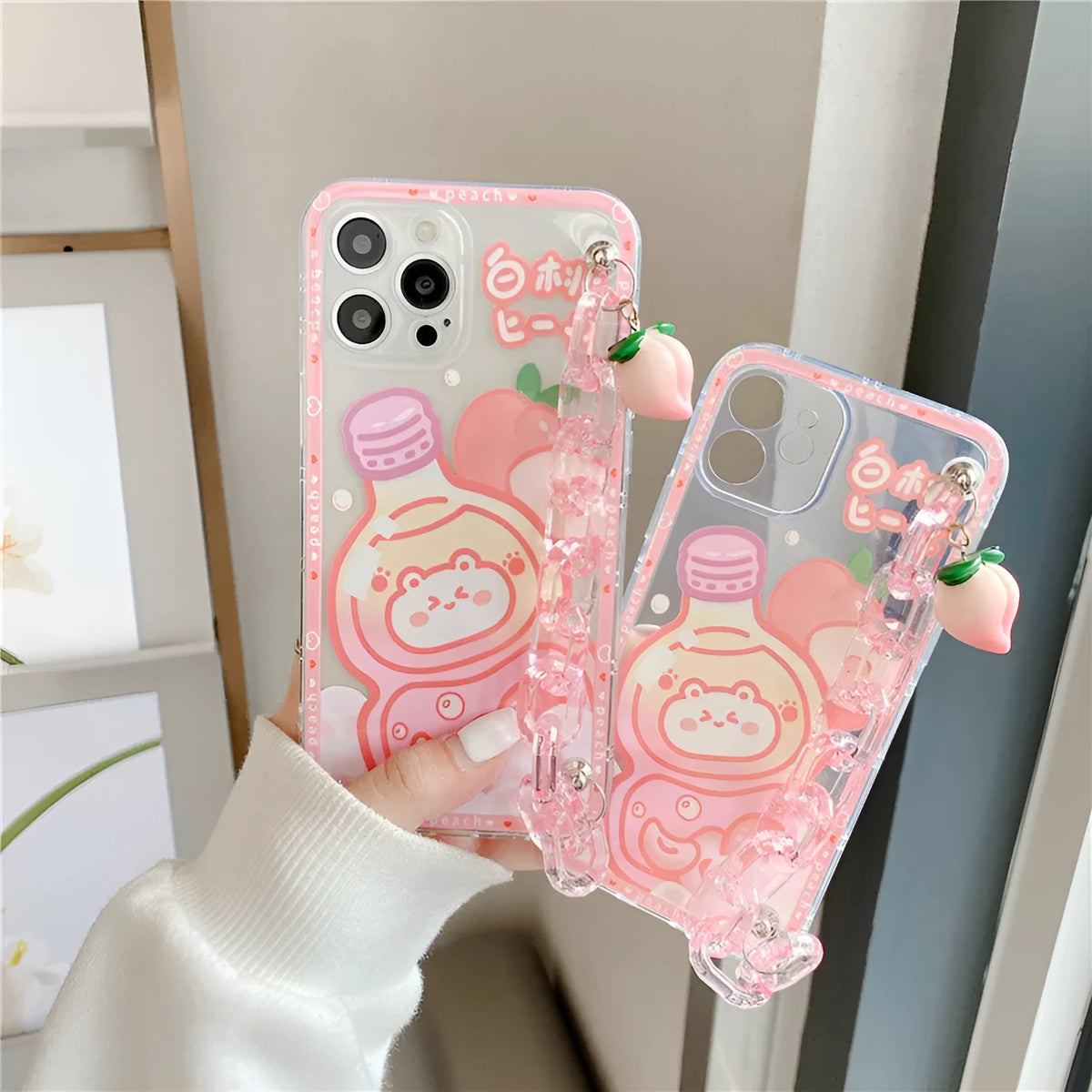 Bear white peach juice silicone phone case with summer drink chain design and bracelet for iPhone 11