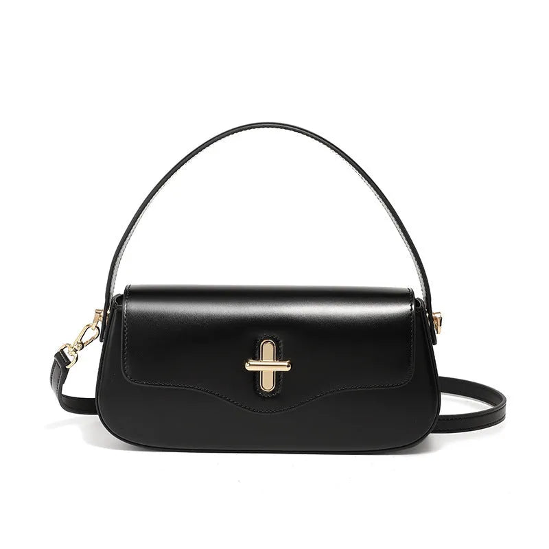 Moon baguette leather handbag in two-layer cowhide, 26 x 5.5 x 13 cm, clamshell shape, black wine red coffee caramel