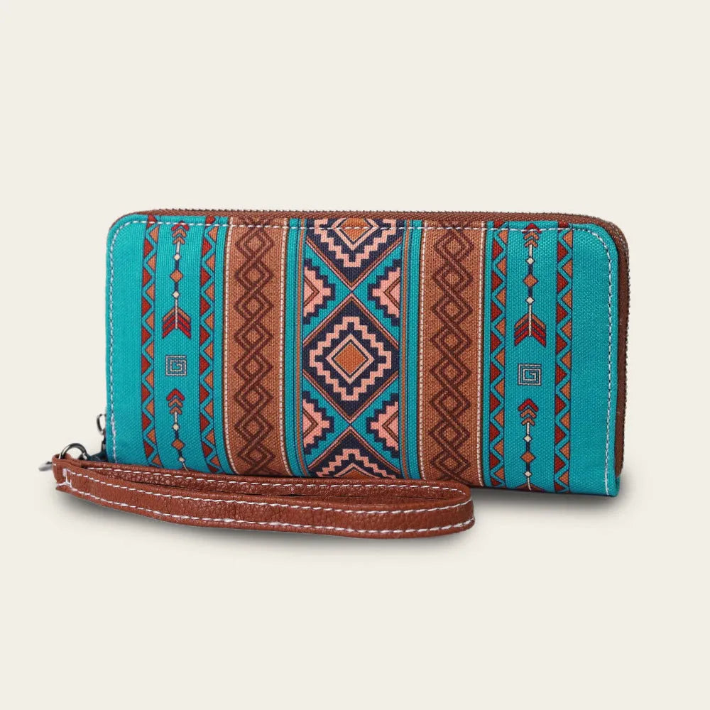 Bohemian striped canvas RFID-blocking wallet showing wind belt design in beige colour