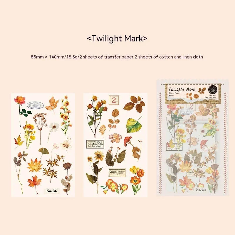 Huazhisen art deco forest label stickers in six colour variants showing transfer paper and cotton linen sheets