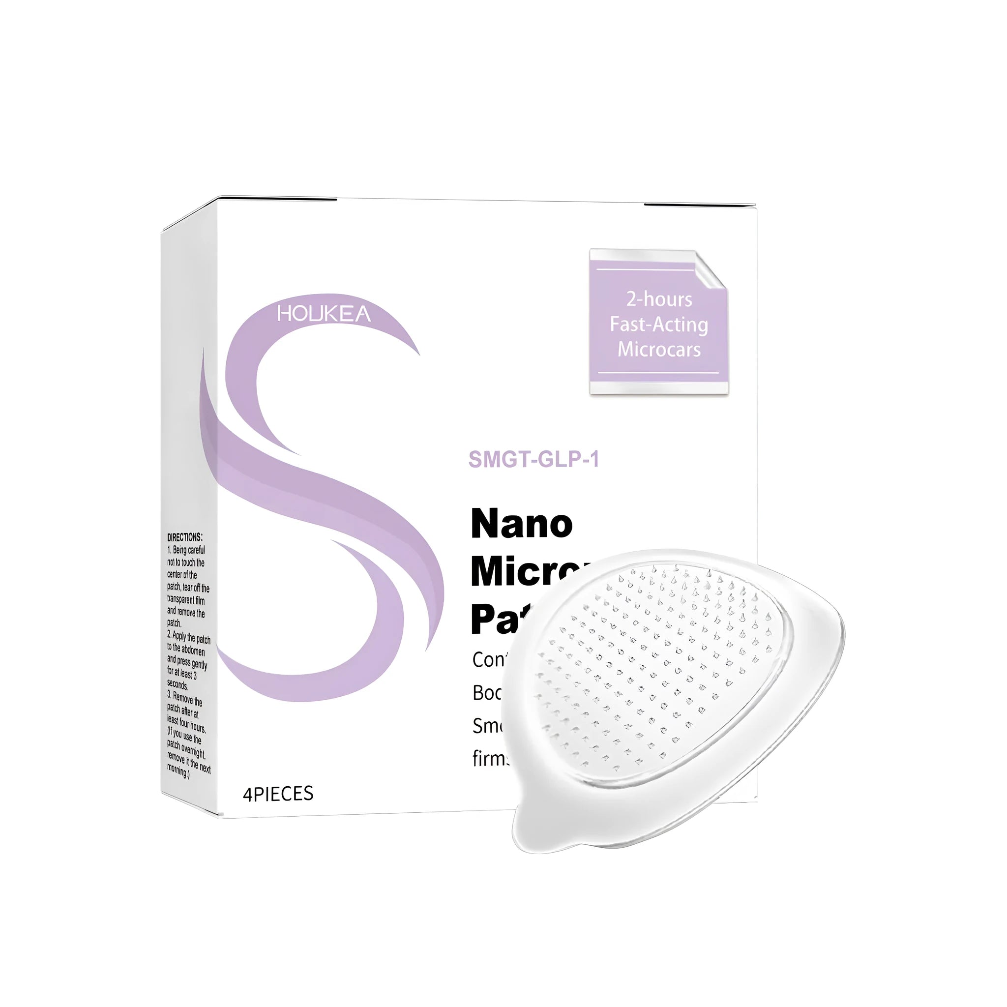 Four nano microneedle transdermal patches in a pack with ingredients ginger, mugwort root, and GLP-1 listed.