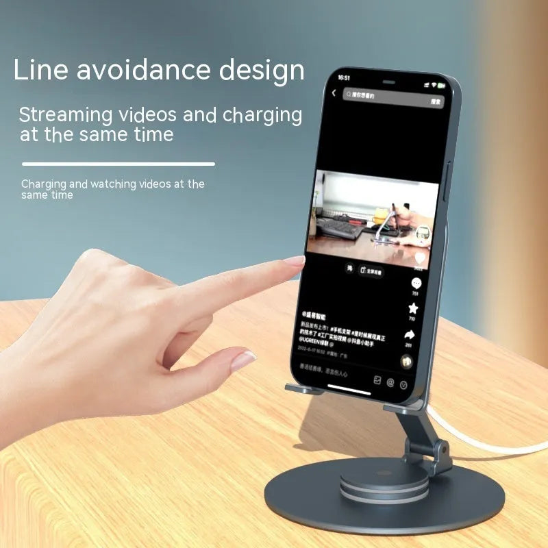 Alloy desktop rotary stand for mobile phone and tablet with wireless charging, in silver colour