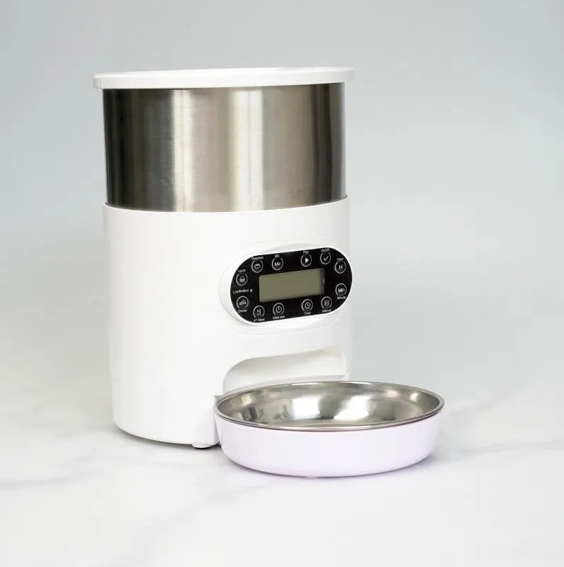 Automatic pet feeder with stainless steel bowl, 3L or 4.5L capacity, button or WiFi control and double meal option