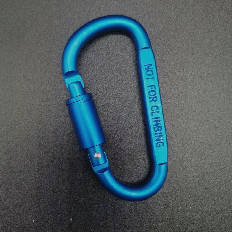 Aluminium D-shaped carabiner with lock shown in multiple colour options including black, silver, red, and blue.