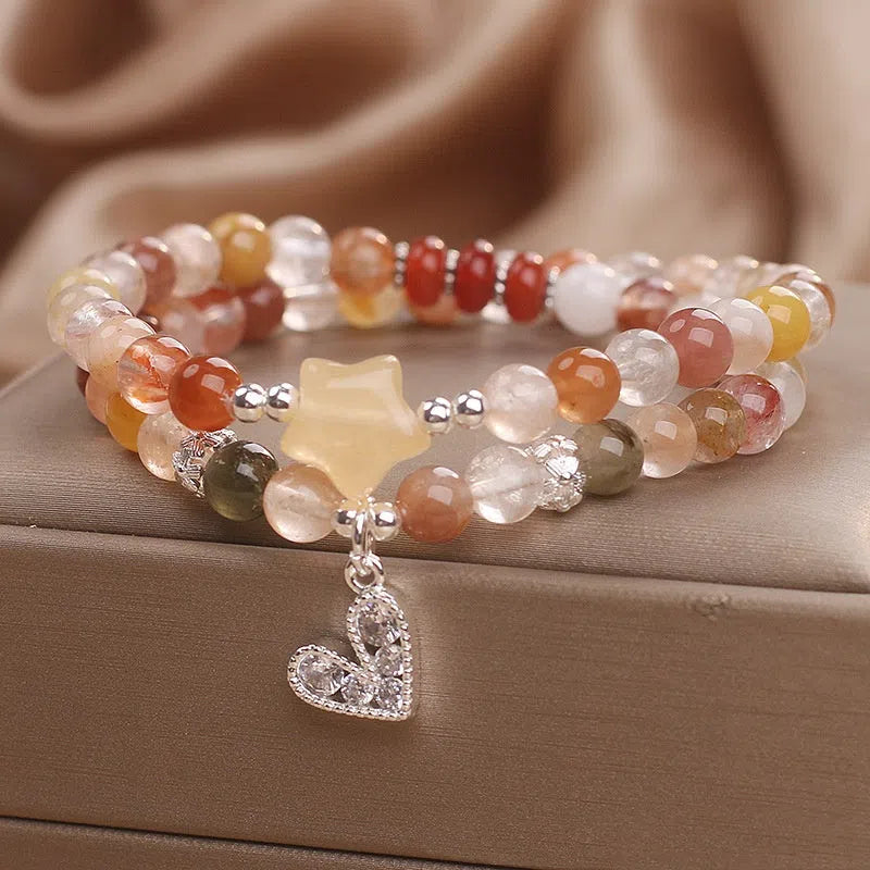 Natural stone women's bracelet with red crystal and double ring design
