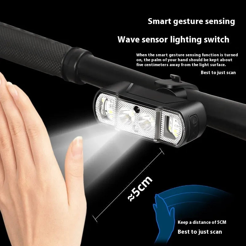 Black rechargeable bicycle headlight with LED illumination and wave induction function