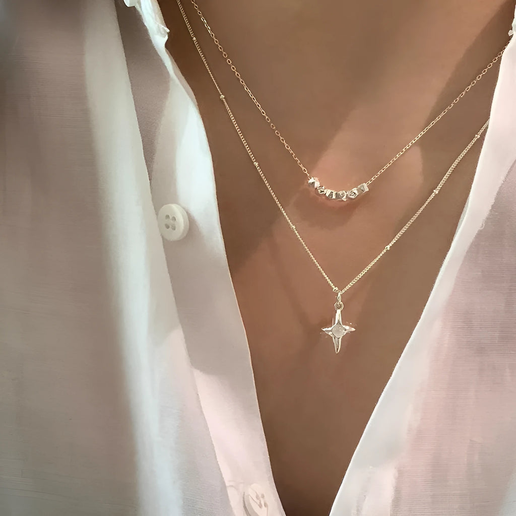 Double layer necklace with opal cross and geometric shape, colour XL3329, for women and girls