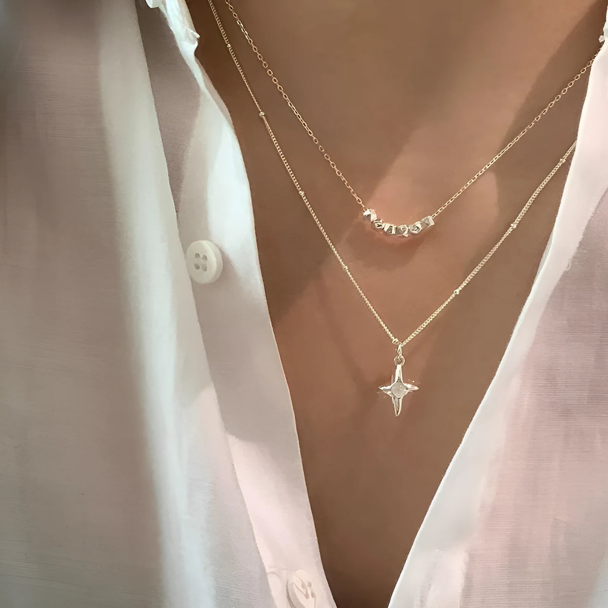 Double layer necklace with opal cross and geometric shape, colour XL3329, for women and girls
