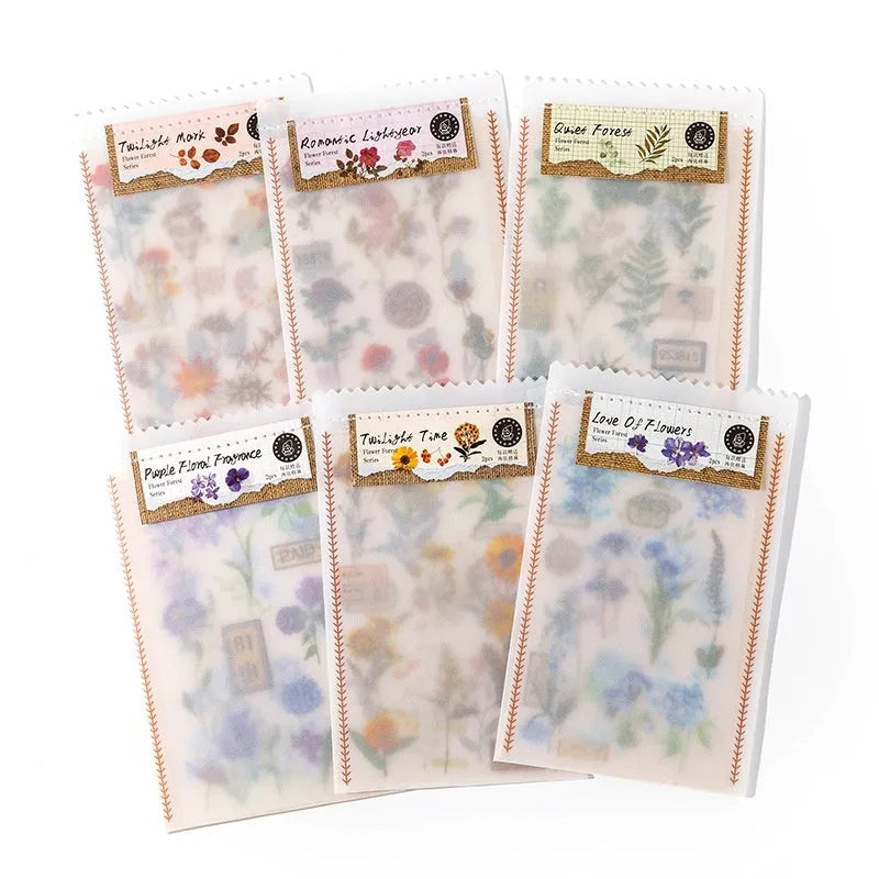Huazhisen art deco forest label stickers in six colour variants showing transfer paper and cotton linen sheets