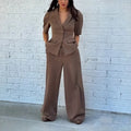 Brown polyester men's top and trousers suit with slim fit waist, long sleeves