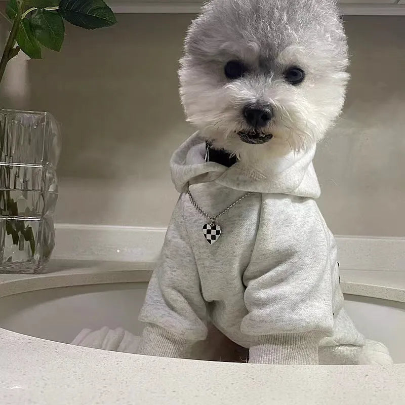 Light gray retro dog hoodie in polyester, pet clothing available in sizes S to 2XL